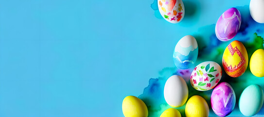 Fototapeta na wymiar colorful easter eggs isolated on blue background - watercolor - banner - generative ai - flat lay - top view - mockup - overhead - template