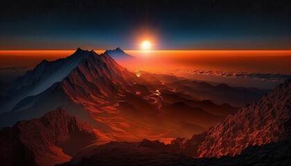  a sunset over a mountain range with a bright sun in the distance.  generative ai