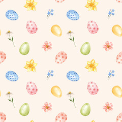 Fototapeta na wymiar Watercolor Easter eggs seamless pattern on a pastel pink background. Colored egg and pretty spring flowers painting. Holiday decor.