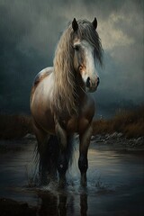  a painting of a horse standing in a body of water.  generative ai