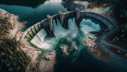 Hydroelectric Dam or Hydro Power Station, aerial view. Green Energy. Generative AI