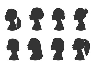 Collection of female profile silhouettes. Different hairstyles side view. Illustration on transparent background
