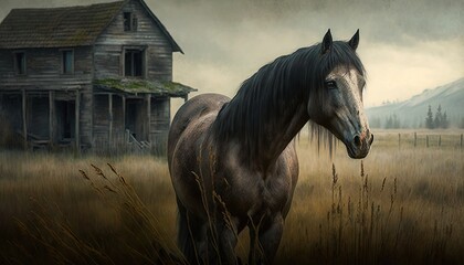  a painting of a horse in a field near a house.  generative ai