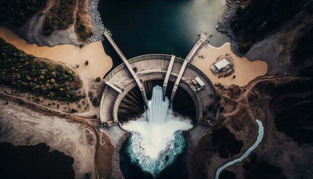 Renewable energy. Hydroelectric dam. Aerial view. Generative AI