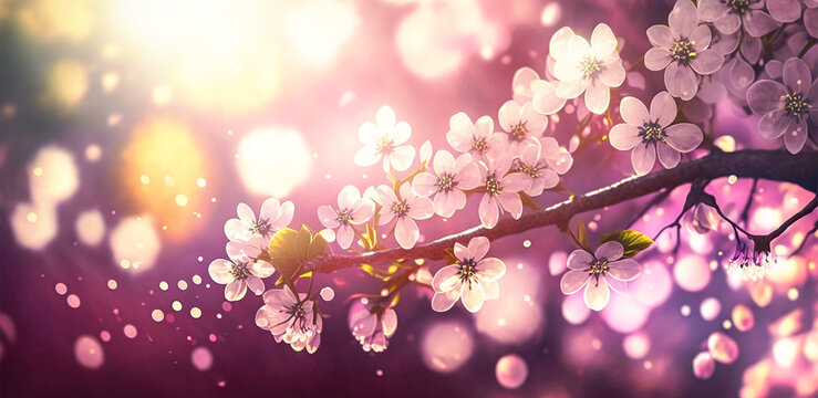 sakura, spring blossom tree pink flowers and abstract background with bokeh sunlights, stetic banner, backgroun, vintage, generative ai