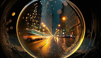 a view of a city street through a rain covered windshield.  generative ai