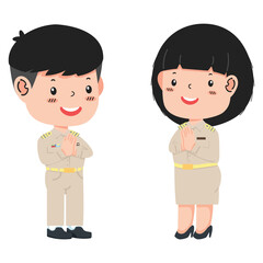 Obraz na płótnie Canvas Cute couple cartoon of Thai government uniform