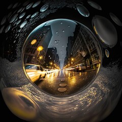  a reflection of a city street in a round mirror with rain drops.  generative ai