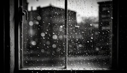  a window with rain drops on it and a building in the background.  generative ai