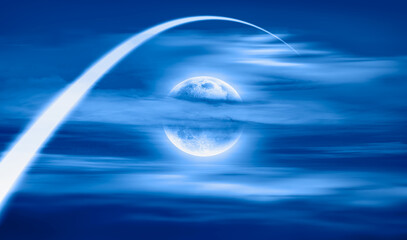 Long Exposure Night Time Rocket Launch - Planet Earth with a spectacular sunset 