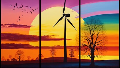 a painting of a sunset with a windmill in the foreground.  generative ai