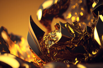 Abstract 3D melted golden shapes, gold texture, Generative AI
