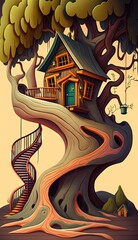  a tree house with a spiral staircase leading to the top.  generative ai
