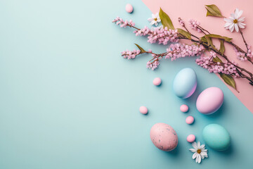 Stylish easter eggs and spring flowers border on pink paper flat lay, space for text. Generative AI.