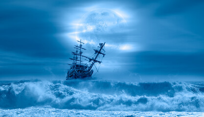 Sailing old ship in storm sea at sunset - Night sky with moon in the clouds 
