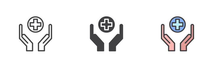 Hands and medical cross different style icon set