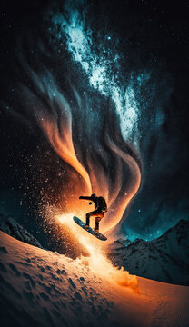Snowborder sportsmen jumping mid-air on winter snow slope. Beautiful luminiscent light and starry night sky. Abstract extreme sport vertical splash screen. AI generative image.