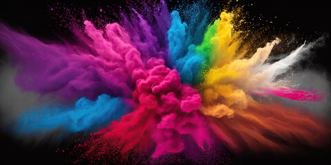 Obraz na płótnie Canvas Indian traditional festival Holi. Multicolored powder paint explosion on black background. Horizontal banner template. AI generative picture.