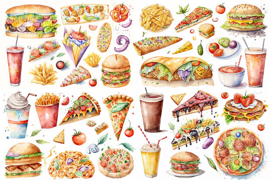 Watercolor illustration of fast food collection on white background - AI generative