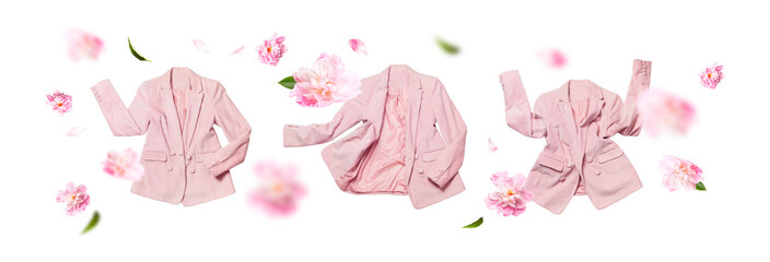 Creative Spring clothing mockup. Womens fashionable flying pink blazer and delicate flowers peonies...