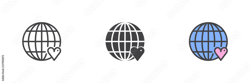 Poster globe with heart different style icon set