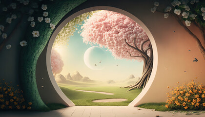 Beautiful enchanted landscape. Fantasy garden background. Magic meadow with spring blooming trees. Round entrance with copy space in the middle. Fairy tale banner. AI generative image. - obrazy, fototapety, plakaty