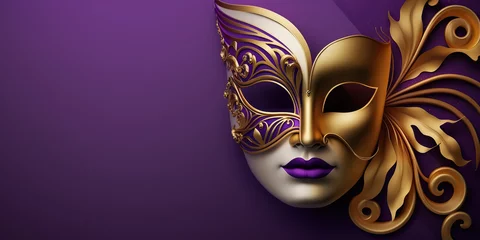 Fotobehang Mardi Gras festive mask in corner of horizontal banner with copy space on purple background. Fat Tuesday carnival flyer template. AI generative image. © vlntn