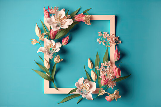 Vertical square frame with beautiful floral decoration made of alstroemeria flowers. Top view bright blue background with place for text. AI generative image.