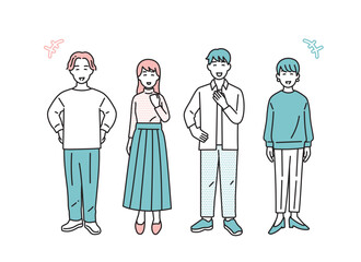 シンプルな男女のポジティブな立ち姿セット　イラスト素材