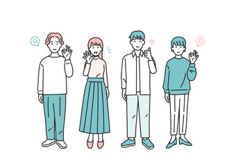 シンプルな男女のポジティブな立ち姿セット　イラスト素材