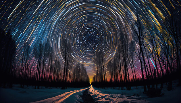 Stunning star trails motion time-lapse night sky with forest silhouette and road path landscape. Beautiful nature astro background. AI generative image.