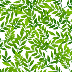 Green seamless pattern leafs on white background.