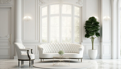 Beautiful bright luxury interior with sofa. Indoor background. AI generative image.