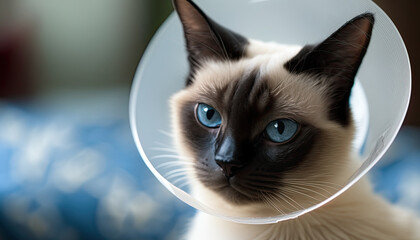 Illustration of sad cat wearing Elizabethan collar, protective vet plastic cone. Domestic animals health care. AI generative image.