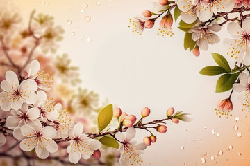 Obraz na płótnie Canvas Beautiful spring blossom branches tree background with copy space. Blank place for text. AI generative image.
