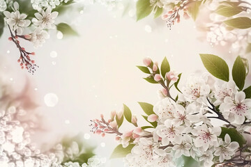Beautiful spring blossom branches tree background with copy space. Blank place for text. AI generative image.