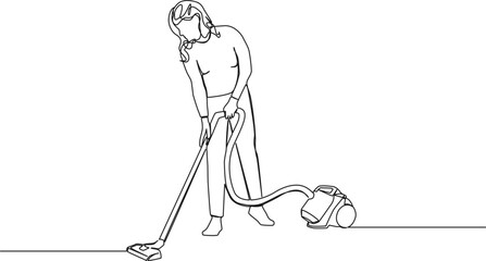 continuous single line drawing of woman using vacuum cleaner, line art vector illustration