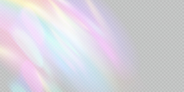 Rainbow light prism effect, transparent background. Hologram reflection, crystal flare leak shadow overlay. Vector illustration of abstract blurred iridescent light backdrop.