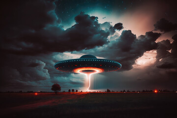 eerie alien ufo abduction lit up in the night sky made by generative ai
