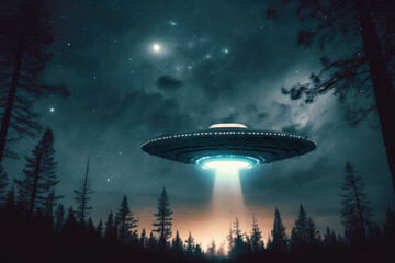 eerie alien ufo abduction lit up in the night sky made by generative ai - obrazy, fototapety, plakaty