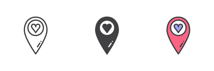 Heart location pin different style icon set