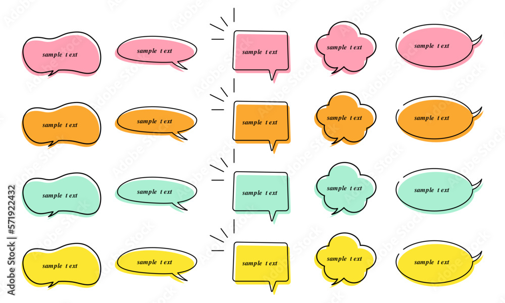 Poster set of dialog bubbles of different shapes and colors on an isolated background. doodle hand drawn ve