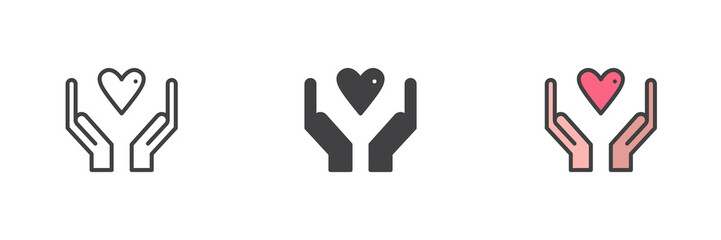 Hands with heart different style icon set