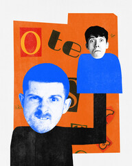 Contemporary art collage. Man with anger facial expression holding glove puppetry doll. Alter ego...