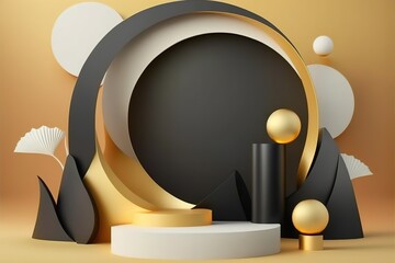 3d stand podium black and gold color background created with Generative AI