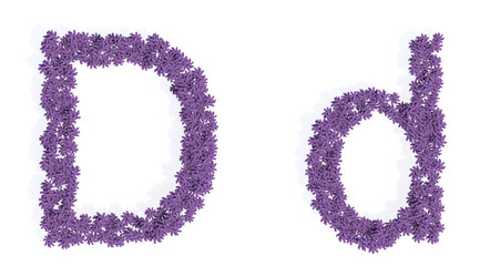 Concept or conceptual set of beautiful blooming lupine bouquets forming the font D. 3d illustration metaphor for education, design and decoration, romance and love, nature, spring or summer.