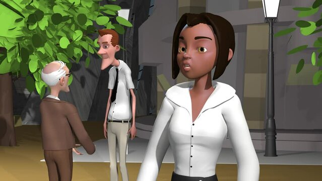 3d animation, three cartoons characters speaking on street 