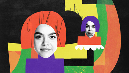 Bright colored conceptual artwork. Woman with her second head in hand. Alter ego concept. Concepts...