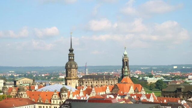 Aerial view of Dresden to Dresden Castle or Royal Palace and Cathedral. Travel and sights of city breaks. landmarks, travel guide Europe. Frauenkirche in Dresden, Germany
