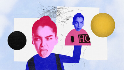 Contemporary art collage. Conceptual image, modern pop color design. Woman with her second head in...